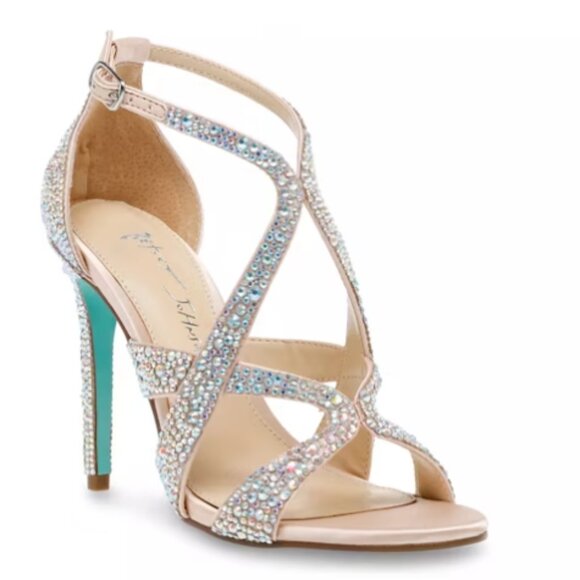 Betsey Johnson Mayo Sandal - Silver Strappy Heels Size 8 with bling - Picture 1 of 6